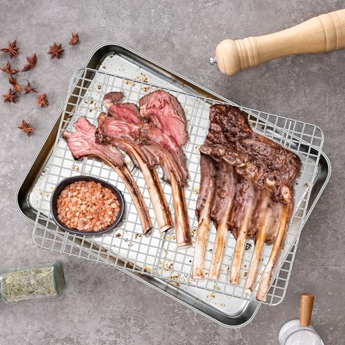 Homikit Baking Sheet with Wire Rack Set (1 Pan+1 Rack), 16" x 12" Stainless Steel Cookie Bacon Pan for Oven, Nonstick Jelly Roll Pan Baking Tray with Grid Cooling Rack for Cook Roast, Dishwasher Safe