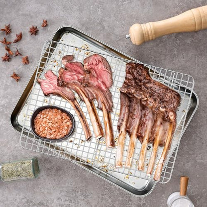 Homikit Baking Sheet with Wire Rack Set (1 Pan+1 Rack), 16" x 12" Stainless Steel Cookie Bacon Pan for Oven, Nonstick Jelly Roll Pan Baking Tray with Grid Cooling Rack for Cook Roast, Dishwasher Safe