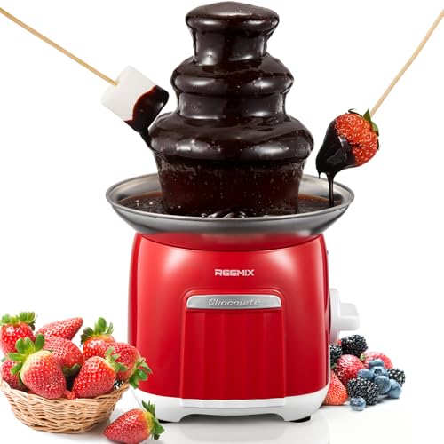 Reemix Electric Chocolate Fondue Fountain Machine - 3-Tier Stainless Steel Cascading Fountain, Easy Assembly & Cleaning, Party/Wedding/Home Dessert Maker, Red