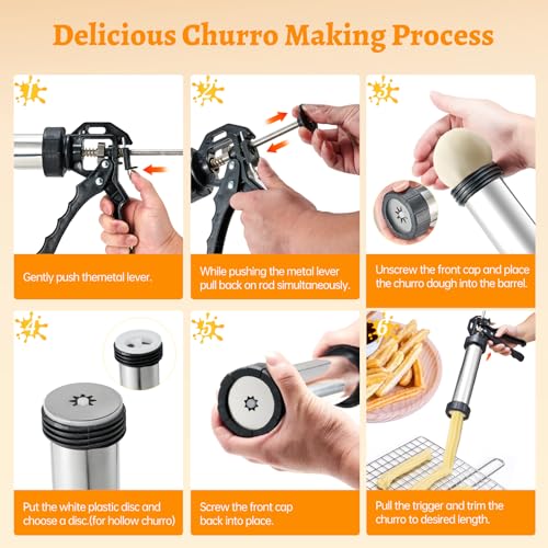 GAMKII Churro Maker Machine Stailness Steel Churrro Gun Kit with 4 Discs for Hollow Churro,5 Cookies Discs, 6 Icing Piping Nozzle, Piping Bag, 2 Clean Brushes for Cake Dessert DIY Maker Cookie Press
