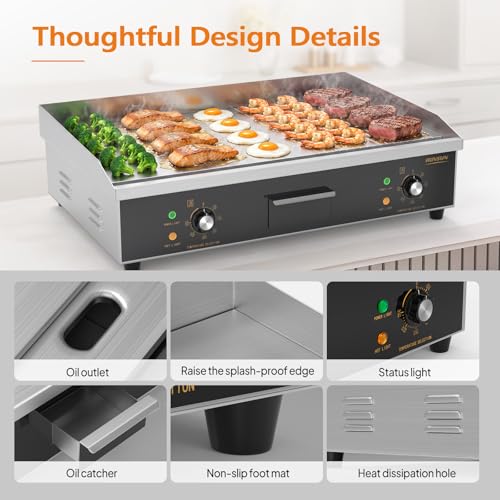 ROVSUN 30" Electric Griddle, Electric Countertop with Half Flat Top Griddle, 3000W Grill Stainless Steel with Adjustable Temperature Control 122°F-572°F for Commercial Home Restaurant, Plug