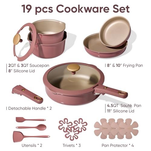 CAROTE 19 Pcs Pots and Pans Set, Nonstick Cookware Sets with Detachable Handle, Titanium Reinforced, Oven Safe, Cookware Non Stick Cooking Set w/Frying Pans & Saucepans Red(PFOS, PFOA Free)