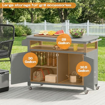 FUQARHY 43.3-Inch Outdoor Kitchen Island with Storage Cabinet and Stainless Steel Top, Solid Wood Prep Station Grill Table with Lockable Wheels for Patio, Backyard, Party (Gray)