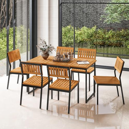 Tangkula 7 Piece Outdoor Dining Set for 6, Acacia Wood Rectangular Dining Table & 6 Armless Chairs w/Metal Frame, Umbrella Hole, Farmhouse Dining Furniture Set for Garden Porch Poolside