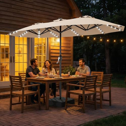AreShark 15FT Patio Umbrella with Solar Lights, Double Sided Outdoor Table Umbrellas with Crank, Large Rectangular Market Umbrella for Porch, Lawn, Pool, Backyard, Beige