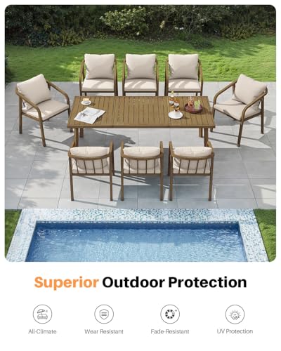 SEEHILL 9 Pieces Never-Rust Aluminium Outdoor Dining Set, Patio Table and Chairs for 8, Patio Dining Set with Rectangle Table, Outdoor Dining Chairs with Removable Cushions for Deck, Backyard, Teak