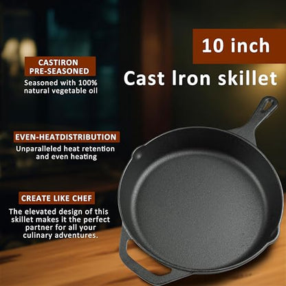 10 Inch Cast Iron Skillet, Pre-Seasoned Frying Pan for Oven, Stovetop, Grill & Campfire, Durable, Non-Toxic, Even-Heating Cookware, Black