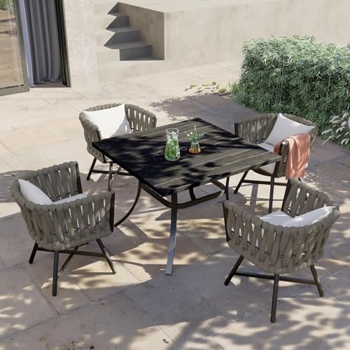 Grand patio 5-Piece Outdoor Dining Set for 4, Patio Dining Furniture Set for 4 Swivel Rope Wicker Chairs & 1 Square Dining Faux Woodgrain Table with Umbrella Hole, Light Gray Brown