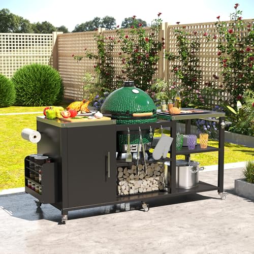 JFHID Outdoor Grill Table for Big Green Egg, Stainless Steel Grill Cart with Cabinet & Shelves, Heavy Duty 920LBS Outdoor Kitchen Island, Compatible with Large Big Green Egg, Kamado Joe Classic
