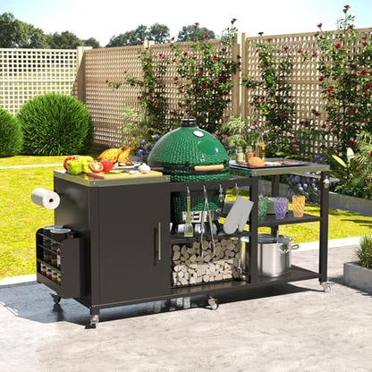 JFHID Outdoor Grill Table for Big Green Egg, Stainless Steel Grill Cart with Cabinet & Shelves, Heavy Duty 920LBS Outdoor Kitchen Island, Compatible with Large Big Green Egg, Kamado Joe Classic