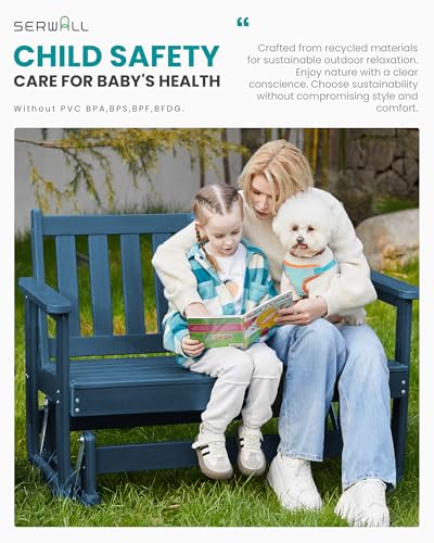 SERWALL Outdoor HDPE Glider Bench, All Weather Swinging Bench for Outdoor Porch Garden, 660LBS Capacity, Deep Navy