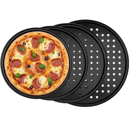 Kegeeei 4 Pcs Pizza Pan Set With Holes, Carbon Steel Perforated Non-Stick Pizza Tray For Oven Baking, 9 Inch, 10 Inch, 11 Inch, 12 Inch For Home Kitchen Restaurant, Black