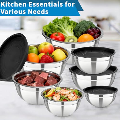 YJSLICT Stainless Steel Mixing Bowls with Lids Set, 7 Pcs Nesting Design Metal Mixing Bowls Salad Bowl for Mixing, Prepping and Serving Food(Size4.5-0.7QT)