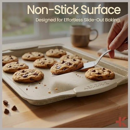 BAKKEN Kitchen Oven Baking Pans - Nonstick Gray Coating, Carbon Steel Bakeware Set with White Silicone Handles, Commercial Restaurant Quality Pans, PFOA, PFOS, PTFE Free, Oven Safe (450° F), Set of 10