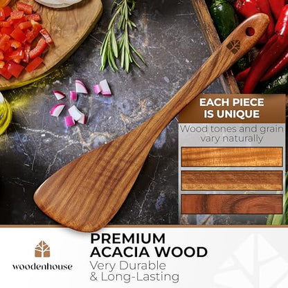 Wooden Spatula for Cooking, 12 Inch - Easy to Clean, Long-Lasting & Sturdy Natural Acacia Wood Spatula for Cooking - Wooden Spatulas with Comfortable Handle, Perfect for Flipping, Turning & Frying
