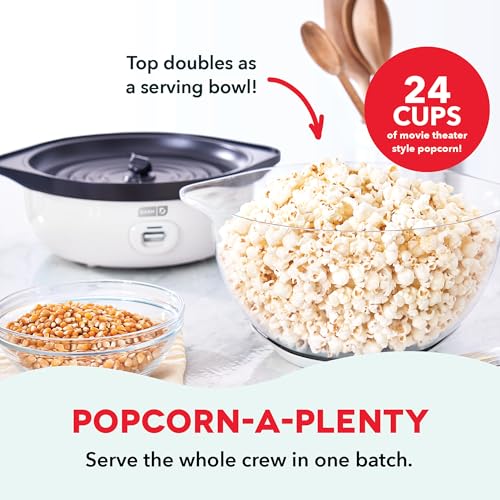 Dash SmartStore® Stirring Popcorn Maker - Electric Popcorn Machine with Butter-Melting Tray & Clear Serving Bowl - Features Stirring Bar - 24 Cups, White