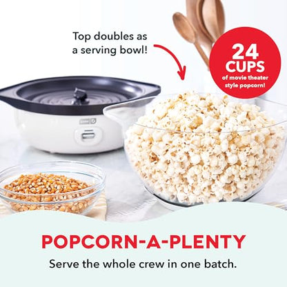 Dash SmartStore® Stirring Popcorn Maker - Electric Popcorn Machine with Butter-Melting Tray & Clear Serving Bowl - Features Stirring Bar - 24 Cups, White