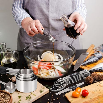 Magnetic Measuring cups and spoons Set, 5 Stainless Steel Magnetic Measuring Cup and 8 Double Sided Measuring Spoons with 1 Leveler，Kitchen Gadgets for Cooking & Baking