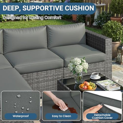 Wisteria Lane 5-Pieces Outdoor Patio Furniture Set, All Weather Wicker Rattan Sectional Sofa, Patio Conversation Set with Cushions & Glass Coffee Table for Backyard Porch Garden Balcony, Grey