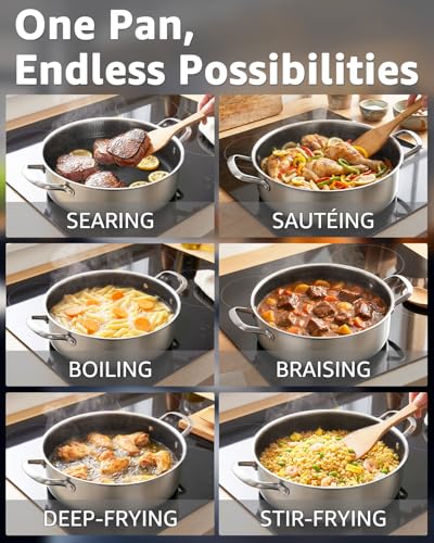 LOLYKITCH 7 QT Large Deep Frying Pan with Lid, 12 Inch Nonstick Triply Stainless Steel Skillet Saute Pan, Ceramic Hybrid Honeycomb Cookware for Family Meal – Oven & Induction Ready, Riveted Handles