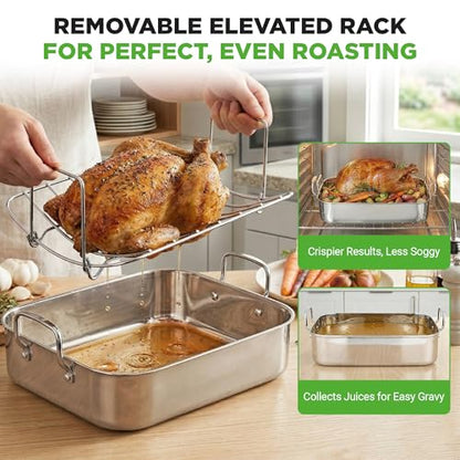 NutriChef Premium Stainless Steel Roasting Pan with Rack – Heavy‑Duty 14″ Turkey Roasting Pan for Turkey, Chicken & Meats (Wide Handles, Dishwasher Safe)