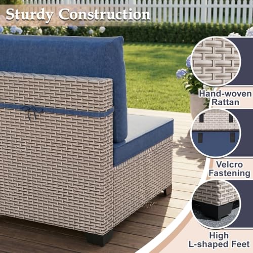 SnugVista Patio Furniture Set, 18-Piece Outdoor Sectional Sofa with Swivel Rocker Chairs & Fire Pit Table, Wicker Patio Conversation Set with Coffee Table, Blue Cushions