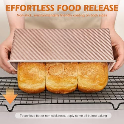 Dipanist 2Pack Pullman Loaf Pans with Lids – 2.2 LB & 1 LB Dough Capacity, Non-Stick Carbon Steel Bread Pans for Homemade Sandwich and Sourdough Bread, Corrugated Toast Mold
