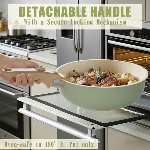 Umite Chef Non Stick Pots and Pans Set, 21 Pcs Ceramic Kitchen Cookware Set with Detachable Handle, Nonstick Healthy Induction Cookware, Dishwasher RV Cookware Set, Oven Safe, Stackable, Sage Green