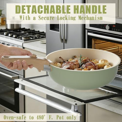 Umite Chef Non Stick Pots and Pans Set, 21 Pcs Ceramic Kitchen Cookware Set with Detachable Handle, Nonstick Healthy Induction Cookware, Dishwasher RV Cookware Set, Oven Safe, Stackable, Sage Green