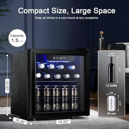 Antarctic Star Mini Fridge 12 Bottle 48 Can Beverage Refrigerator Cooler-with Glass Door for Beer Soda Drinks or Wine,Freestanding Beverage Fridge for Home and Bar,1.3 Cu. Ft.