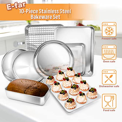 E-far 10-Piece Baking Pans set, Stainless Steel Bakeware Set for Oven, Include Cake Pan/Baking Cookie Sheet/Pizza/Muffin/Loaf Pan, Non-Toxic & Heavy Duty, Dishwasher Safe