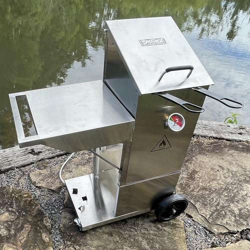 Bayou Classic 700-704 4-gal Stainless Bayou Fryer with Cart Includes 2 Stainless Mesh Baskets Fry Thermometer Drain Valve High Pressure Regulator w/ 48-in Stainless Braided LPG Hose