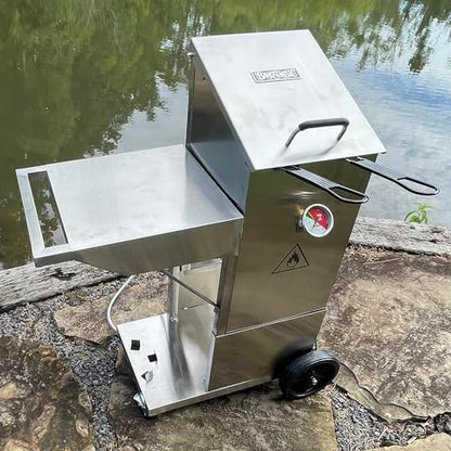 Bayou Classic 700-704 4-gal Stainless Bayou Fryer with Cart Includes 2 Stainless Mesh Baskets Fry Thermometer Drain Valve High Pressure Regulator w/ 48-in Stainless Braided LPG Hose