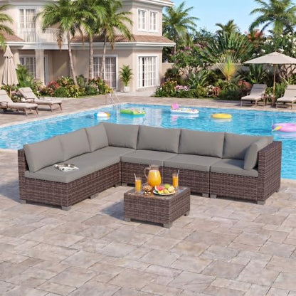 Ahomly 7-Piece Patio Furniture Set, Outdoor Sectional Couch, Grey
