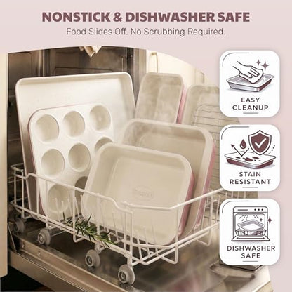Gotham Steel 6 Pc Stackable Baking Pans Set, 70% Space Saving Design, Ceramic Bakeware Sets Non Toxic Made Without PFOA PFOS, with Baking Sheet Tray, Cake & Muffin Pans, Oven & Dishwasher Safe