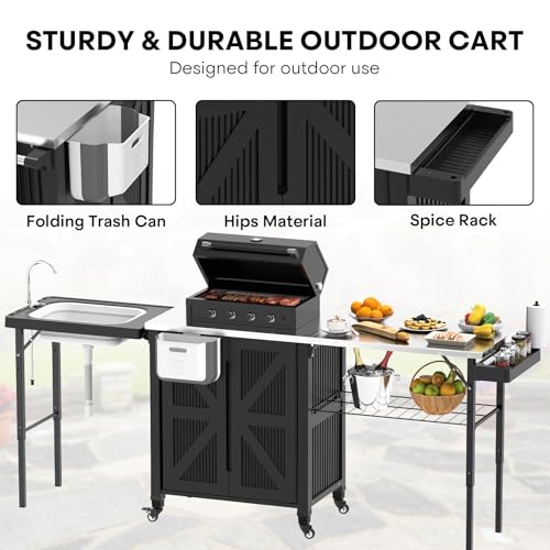 evixor Grill Cart with Foldable Sink, Outdoor Storage Cabinet, Outdoor Grill Cart with Wheels, Kitchen Island with Folding Trash Can for Barbecue, Backyard, Garden & Outdoor Kitchen