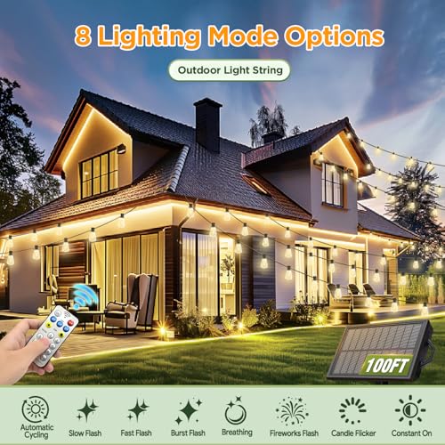100FT Solar String Lights Outdoor Waterproof with Remote & Timer, LED Shatterproof ST38 Bulbs, USB & Solar Powered Patio Lights for Backyard, Porch, Garden, Wedding Decor, Dusk to Dawn Lighting