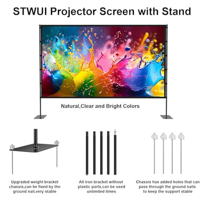 STWUI Outdoor-Projector-Screen-with-Stand - 120 inch Portable Projection Screen Indoor Outdoor Projector Screens 16:9 4K HD Lightweight Movie Screen with Carry Bag for Backyard Movie Night