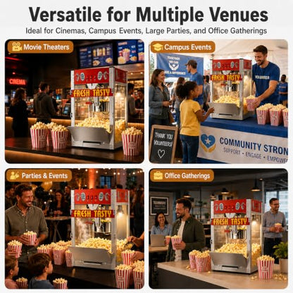 32 Oz Commercial Popcorn Machine, Large Popcorn Maker Machine, Movie Theater Countertop Pop Corn Machine with 3-Switch Control & Tempered Glass Doors, Red