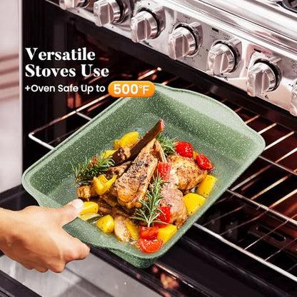 Kitchen Academy 17 Pieces Induction Cookware Set with Griddle, Green Granite Pots and Pans Set Non Stick, Healthy Nonstick Cooking Pans Set