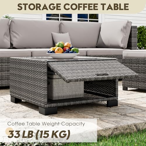 LHBcraft 7 Piece Patio Outdoor Furniture Set, Outdoor Sectional, All-Weather Hand-Woven Wicker Patio Sectional Sofa, Rattan Outside Furniture with Grey Cushion and Glass Coffee Table