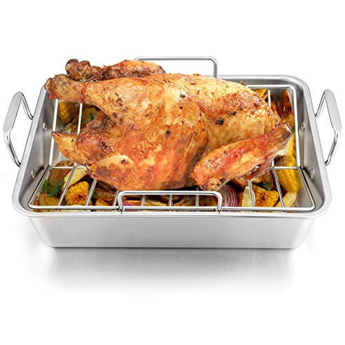 LIANYU 14 Inch Roasting Pan, Turkey Roaster with 2 Racks, Heavy Duty Stainless Steel Deep Broiling Lasagna Pan for Turkey, Chicken, Dishwasher Safe