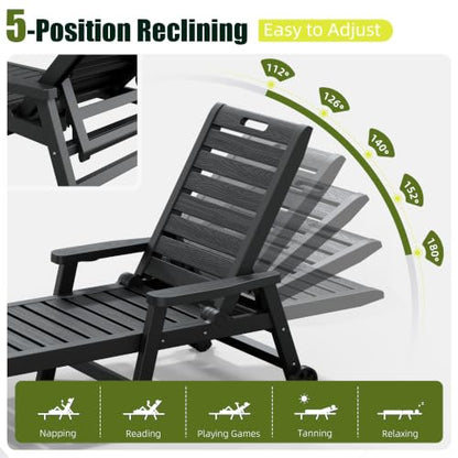 NUNU LAB Outdoor Chaise Lounge Chairs Set, Black with Wheels, 2pcs