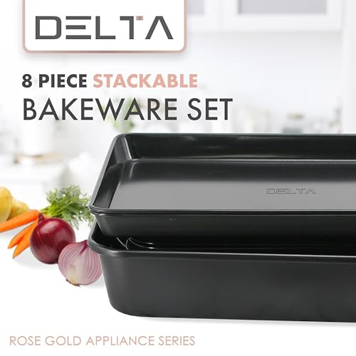 Prime Cuisine Stackable Nonstick Bakeware Set, 8 Piece Baking Pan Set, Oven Safe Carbon Steel, Includes Cookie Sheet, Muffin Pan, Loaf Pan & Roaster