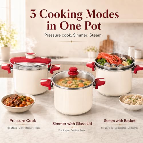 MICHELANGELO Stovetop Pressure Cooker Stainless Steel, 6.3 qt, 304 Stainless Steel, 6-Fold Safety System, One-Hand Easy-Open Lid, 2 Pressure Settings, Steamer Basket & Glass Lid, Induction Compatible