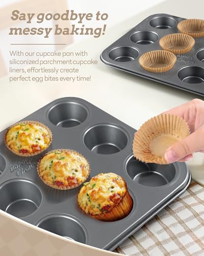 Bake Choice 2 Pack Muffin Pan for Baking, Standard Cupcake Pan includes 100 Natural Cupcake Liners, Muffin Tin Nonstick 12 Cup, Baking Pans Set, Carbon Steel Baking Supplies