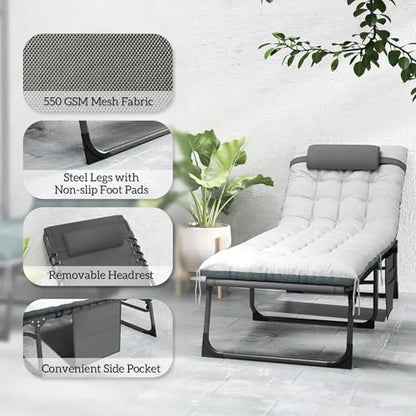 Outsunny Chaise Lounge Chair Outdoor Set of 2, 5-Position Adjustable Outdoor Pool Lounge Chairs, Folding Tanning Chair Beach Lounger with Cushion, Headrest, Side Pocket for Patio, Yard, Gray