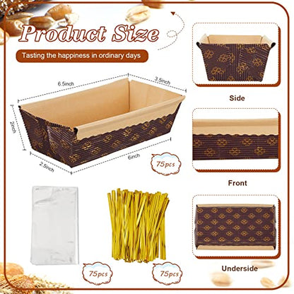 75 Sets Loaf Pans Disposable Paper Baking Loft Mold Bulk 6 x 2.5 x 2 Inch Rectangle Baking Pans with Bags Ties for Quick Bread Small Pumpkin Breads, Microwave Oven Freezer Safe