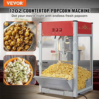 VEVOR Commercial Popcorn Machine, 12 Oz Kettle, 1440 W Countertop Popcorn Maker for 80 Cups per Batch, Theater Style Popper with 3-Switch Control Steel Frame Tempered Glass Doors 1 Scoop 2 Spoons, Red