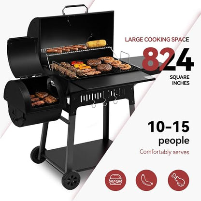 Grills House Barrel Charcoal Grill with Offset Smoker, 824 Sq. In. Cooking Area,Frame Tool Hooks, Bottom Shelf, Blow-Molded Wheels, Outdoor Charcoal Grill for Backyard Cooking, Black, CC1831S-SC